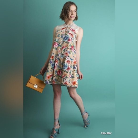 Umgee | Sleeveless Floral Print High Neck Dress Crochet Yoke Ruffle Hem Brunch - Picture 6 of 15